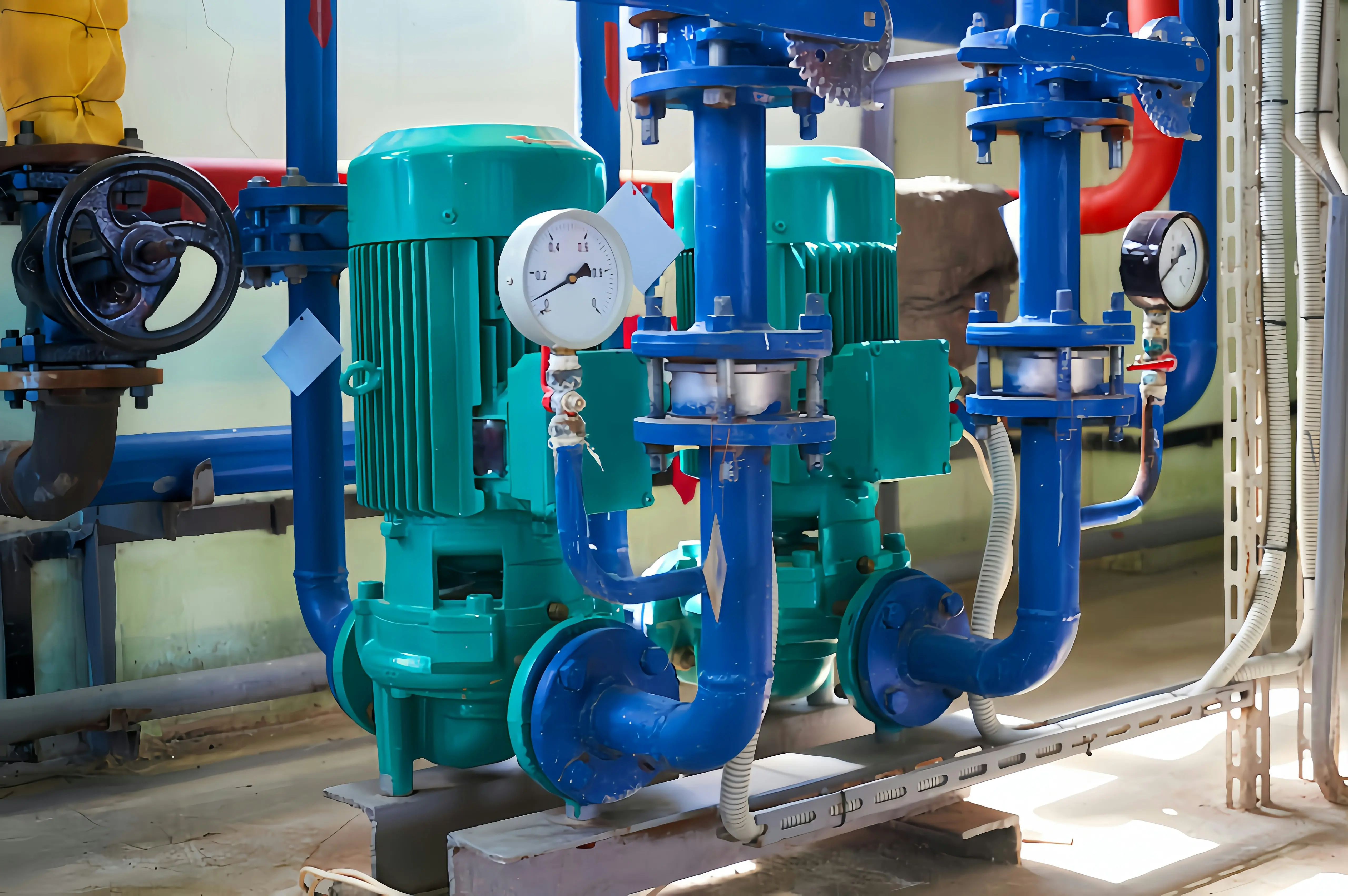 Two vertical inline pumps on a skid with blue pipework, pressure gauges, and paper inspection tags hanging from the valves